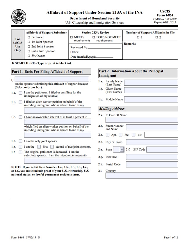 Form I-865 Page 1